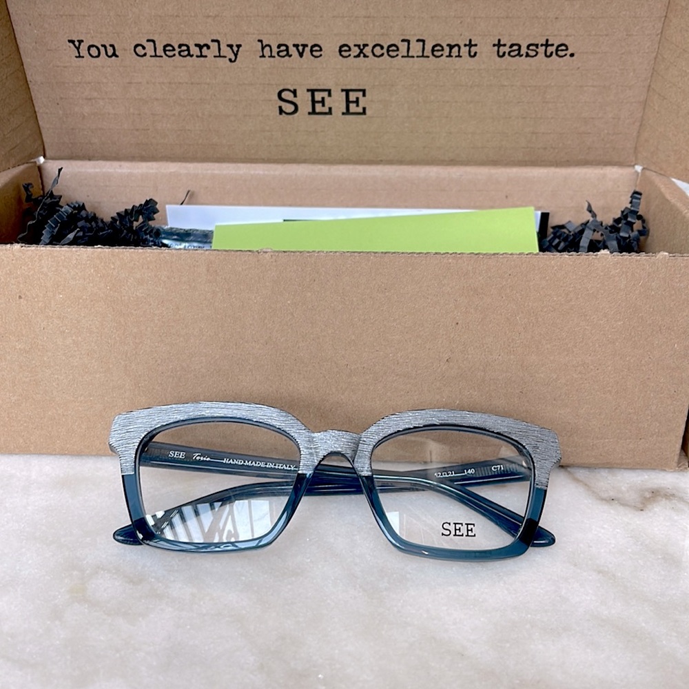 SEE Eyewear blue and wood grain frames